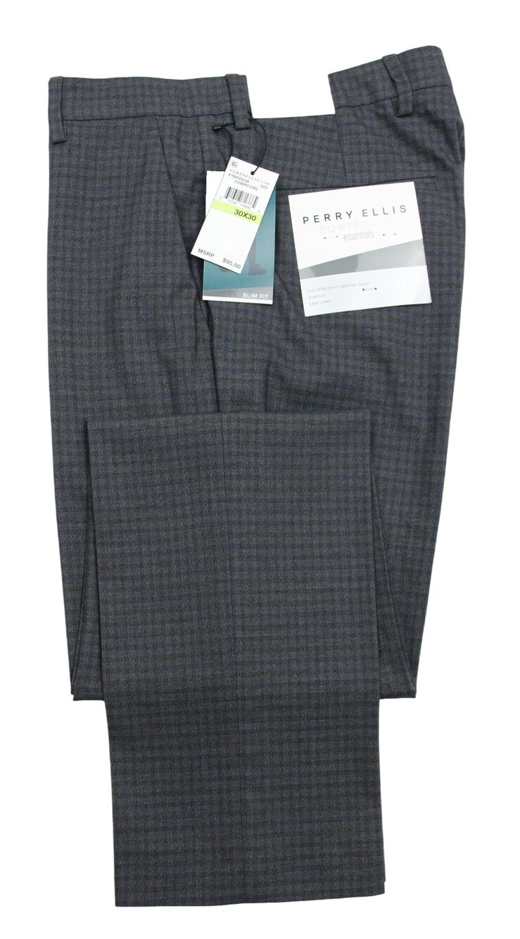 Perry Ellis Dress Pants Mens 30x30 Gray Portfolio Slim Fit Stretch Check